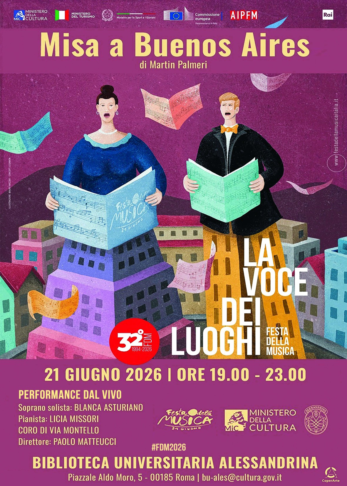 Festa della Musica 2026 – 21 giugno dalle ore 19.00 alle ore 23.00 la Biblioteca Universitaria Alessandrina ospiterà la performance dal vivo Misa a Buenos Aires di Martin Palmeri.